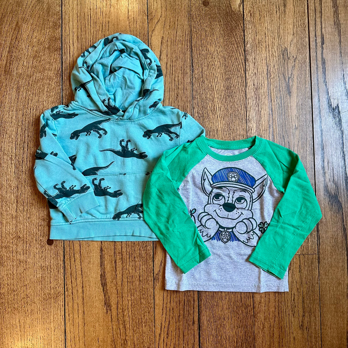 #113	GUC Boys Sweatshirt Bundle, H&M Teal Dino Hoodie and Nickolodeon Chase Baseball Tee, size 2T