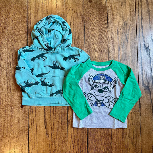 #113	GUC Boys Sweatshirt Bundle, H&M Teal Dino Hoodie and Nickolodeon Chase Baseball Tee, size 2T