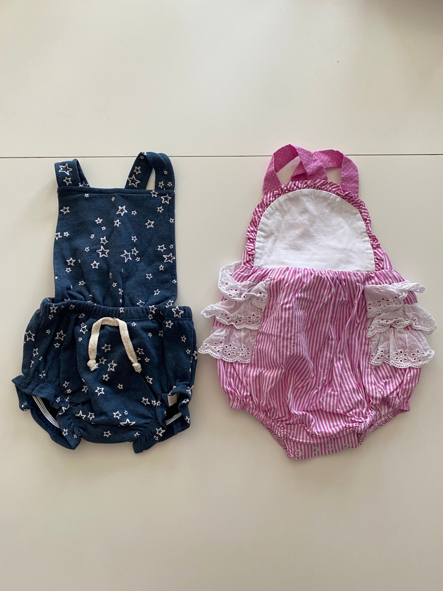 Darling Mae Pink Stripe Bubble Romper and Lulu & Roo navy and star romper Girls 18-24M
