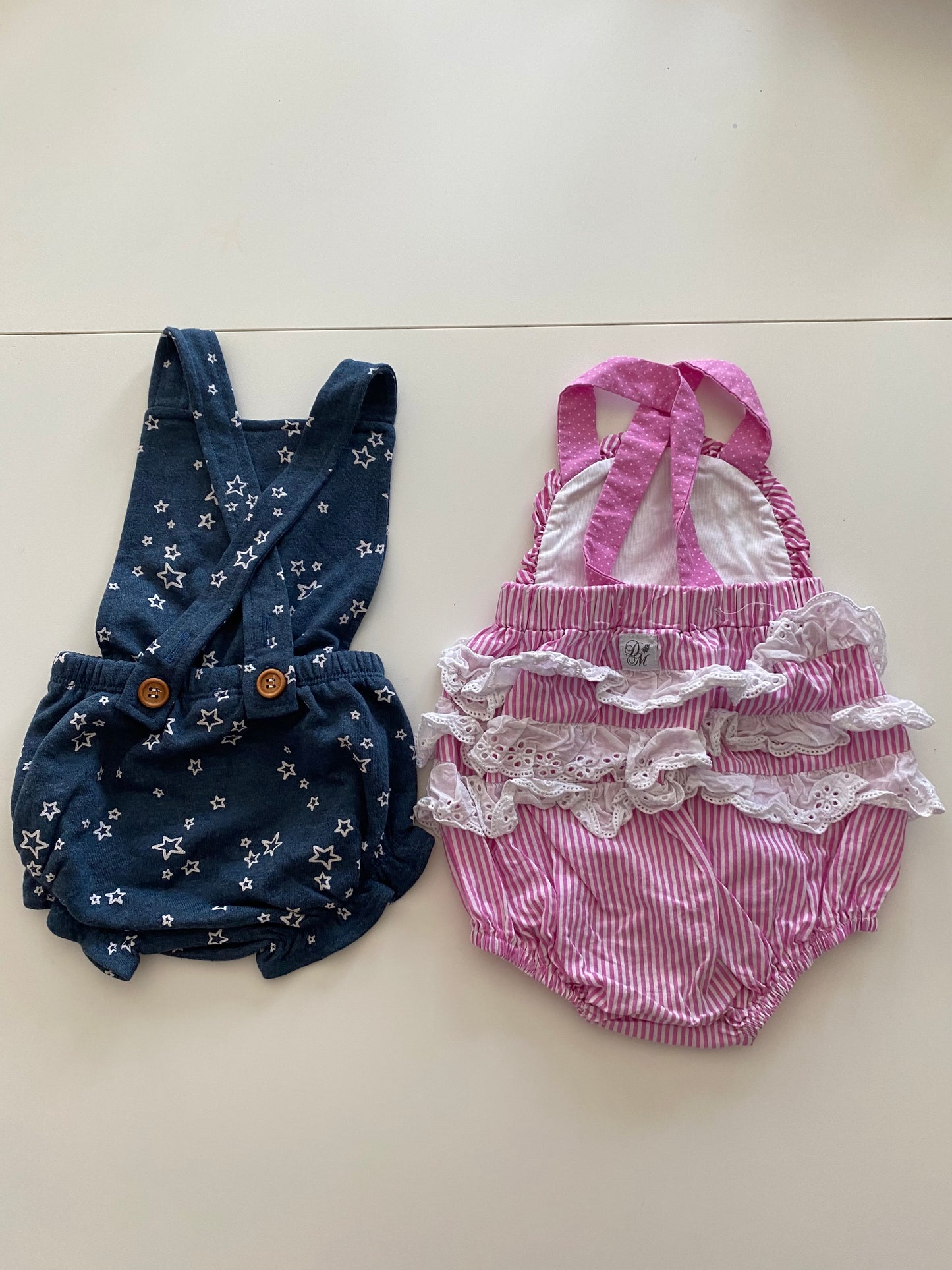 Darling Mae Pink Stripe Bubble Romper and Lulu & Roo navy and star romper Girls 18-24M