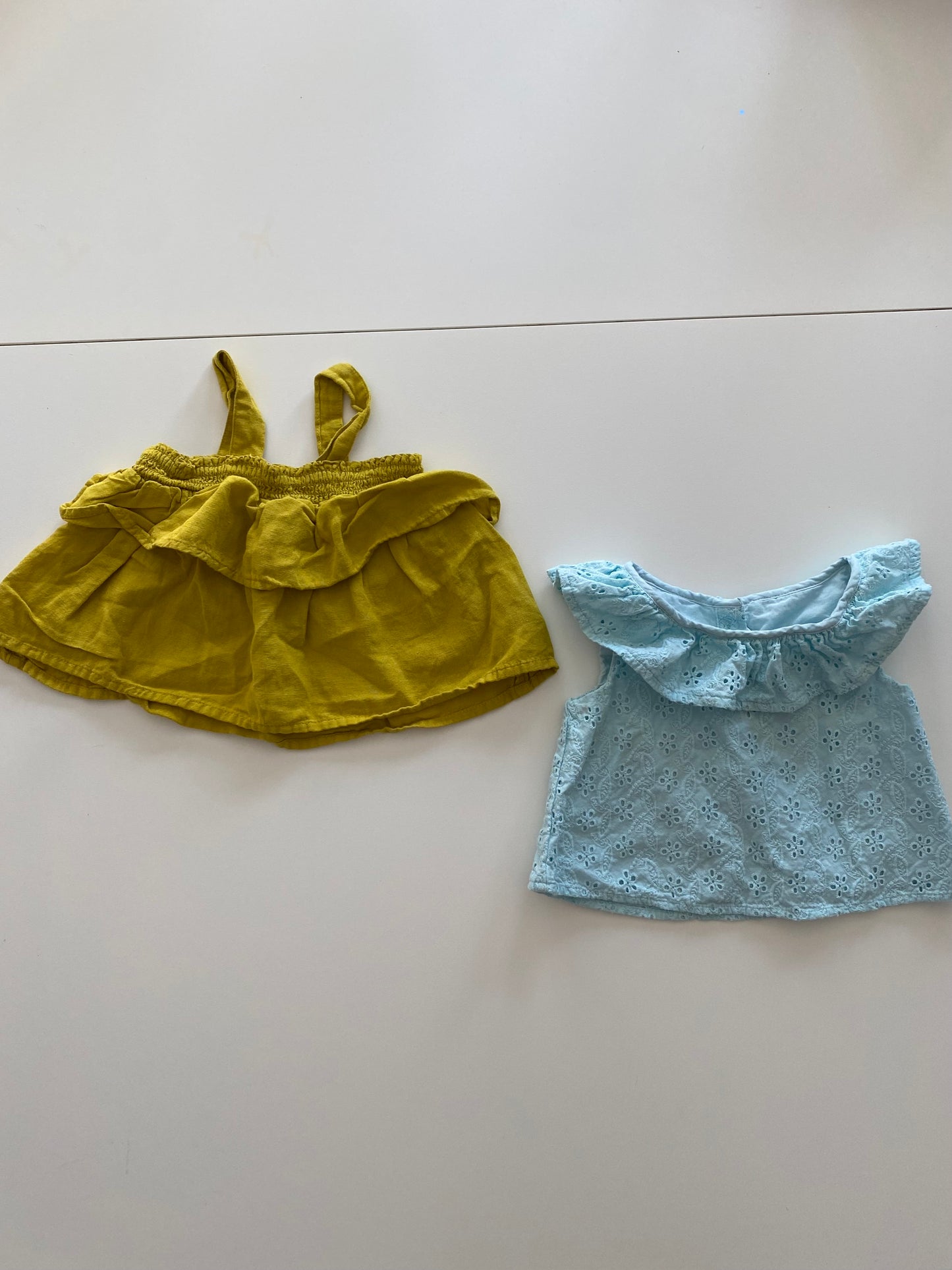 Janie and Jack blue eyelet crop top Girls 18-24M and Old Navy pea green ruffle blouse Girls 2T