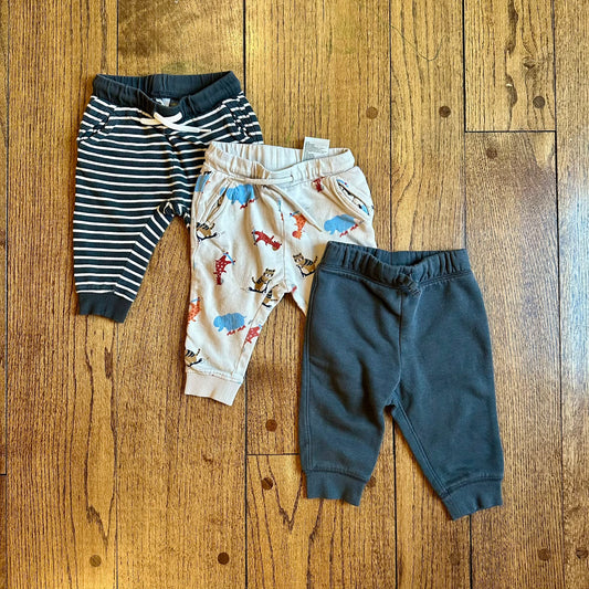 #113	GUC Boys Jogger Pant Bundle, H&M Joggers x 2 and Jumping Beans Sweatpants, size 9-12 months