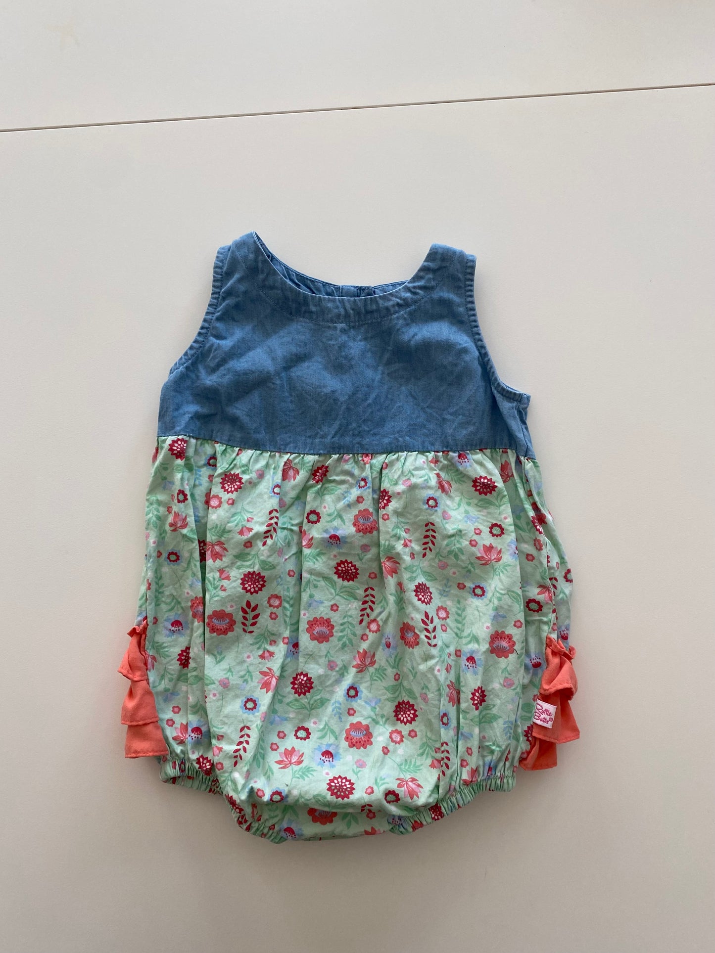 Ruffle Butts denim floral romper with pink ruffles Girls 18-24M