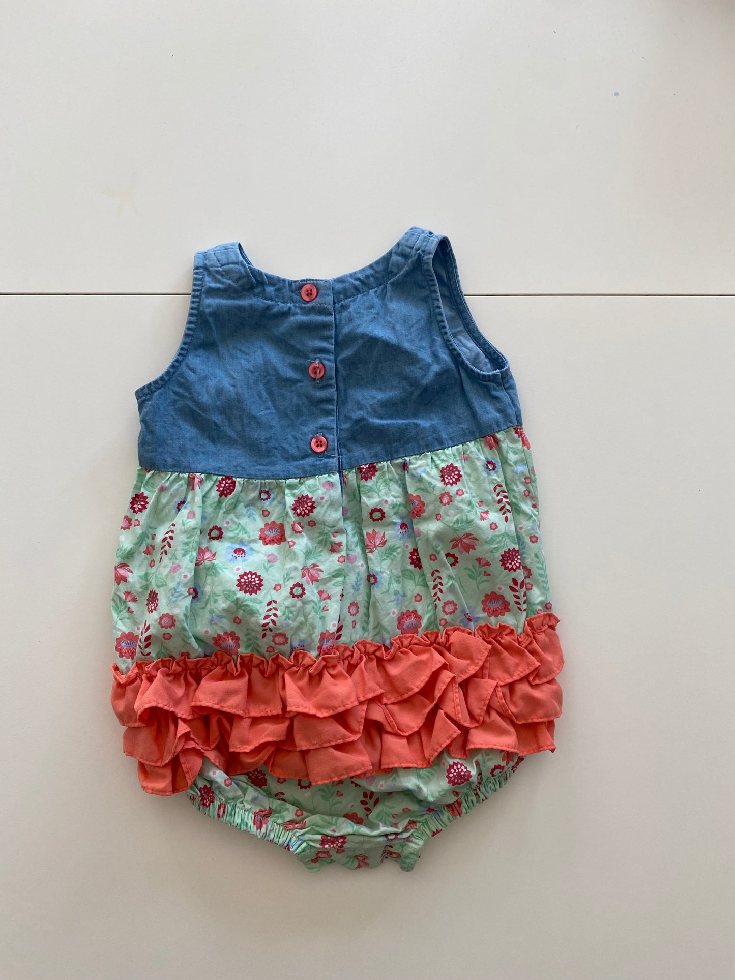Ruffle Butts denim floral romper with pink ruffles Girls 18-24M