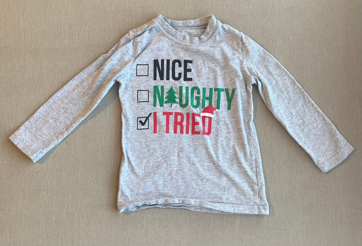 Seller #12 | Just One You Carters | "Nice, Naughty, I Tried" | Light Gray | Long Sleeve Christmas Tshirt | GUC | Size 3T