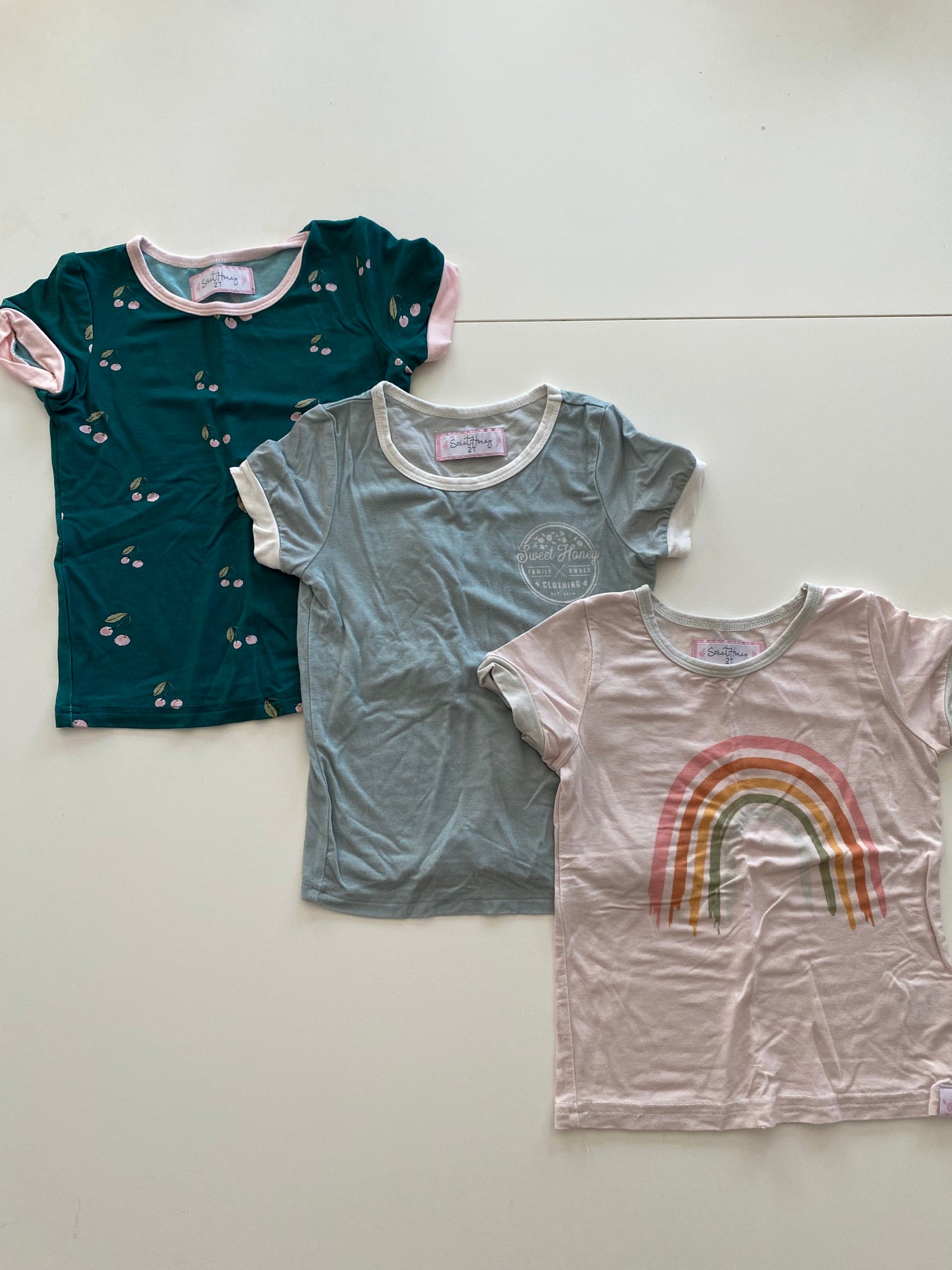 SweetHoney T-shirt Bundle Girls 2T green with pink cherries and blue logo print and pink rainbow