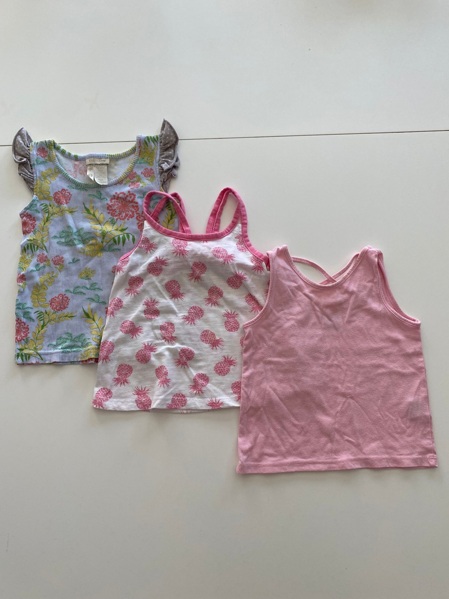 Matilda Jane blue floral tank and Children’s Place pink tank and Old Navy white with pink pineapple tank bundle