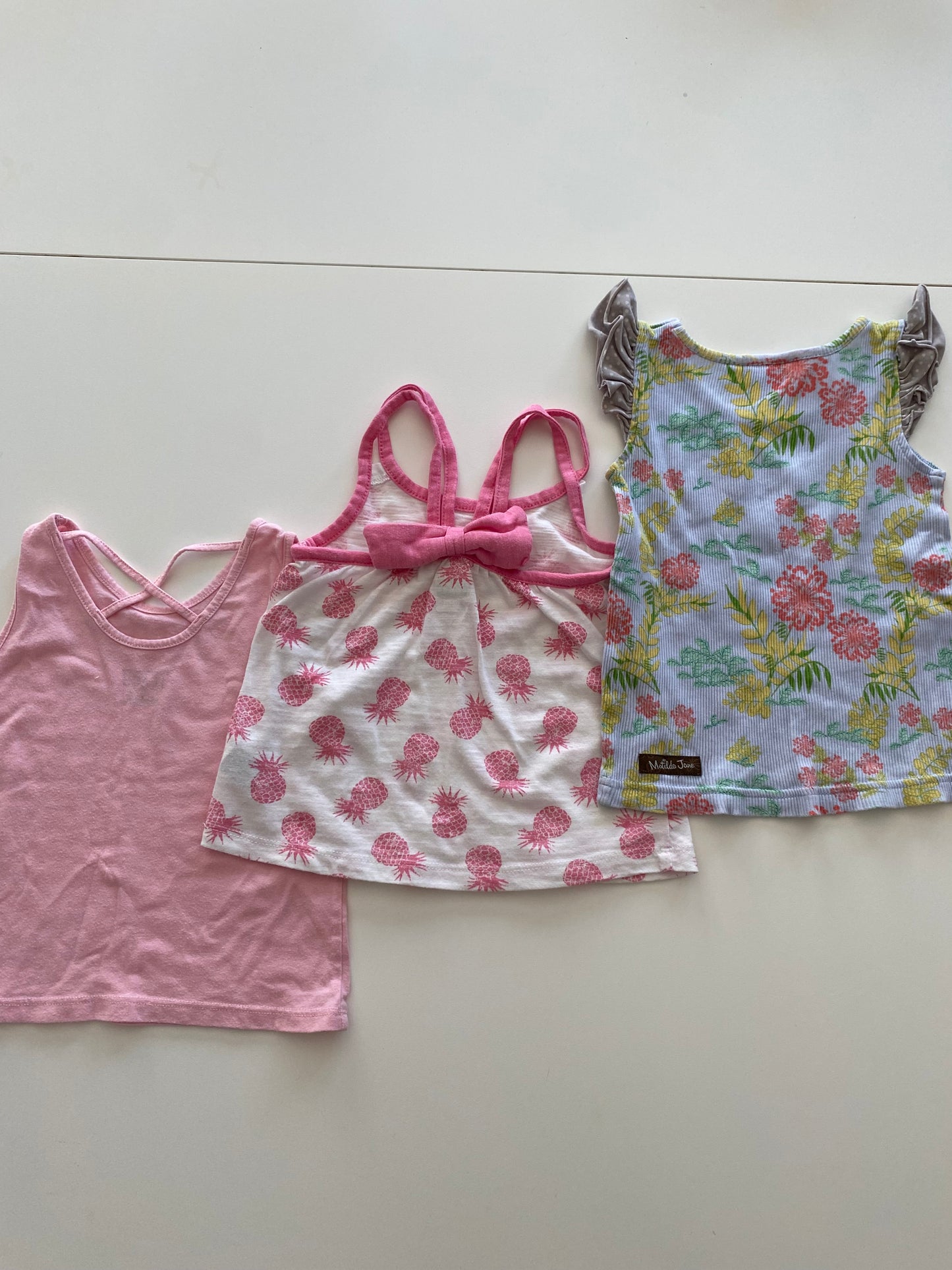 Matilda Jane blue floral tank and Children’s Place pink tank and Old Navy white with pink pineapple tank bundle