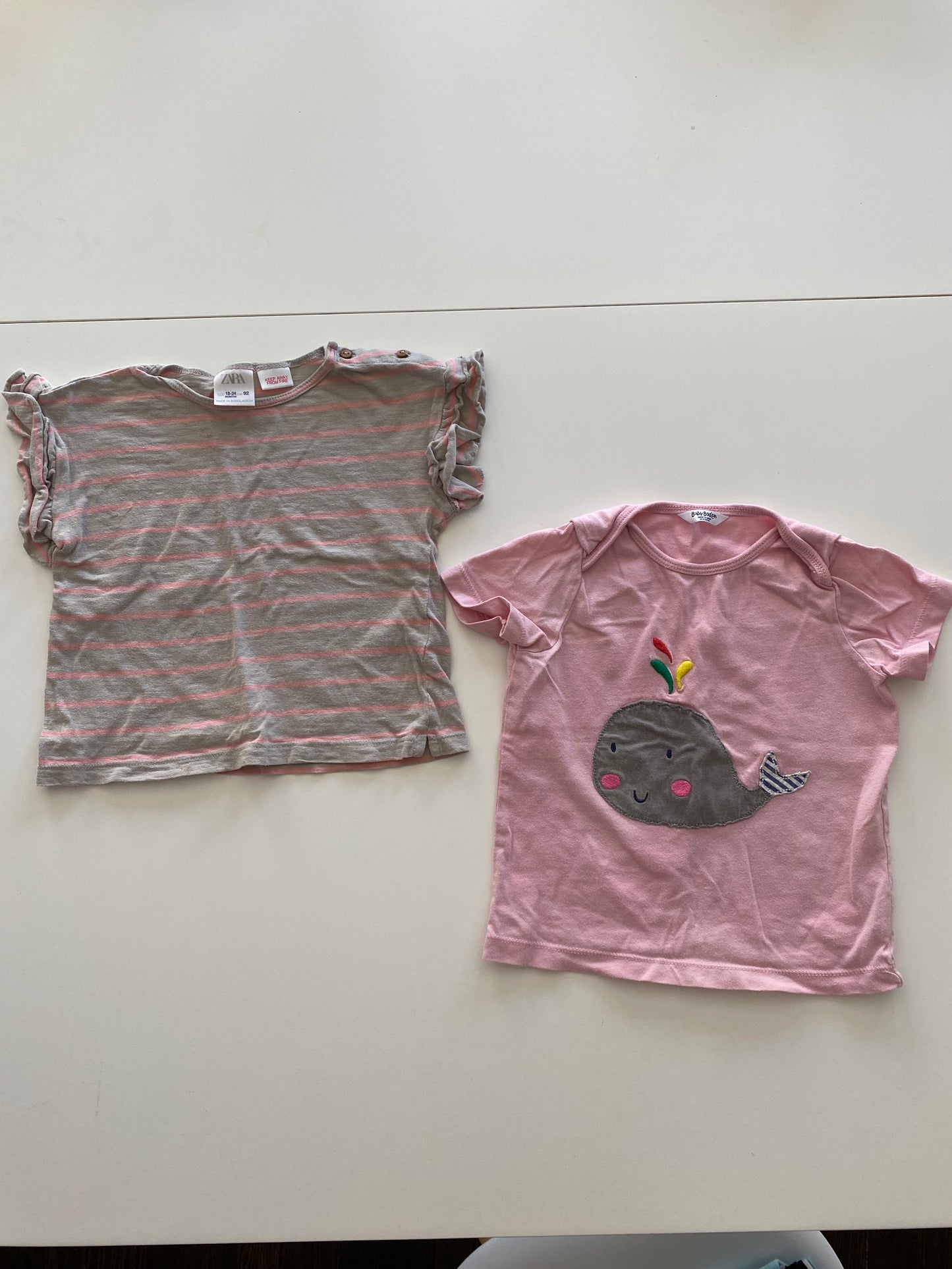 Boden pink whale t-shirt and Zara Gray and pink stripe t-shirt Girls 18-24M