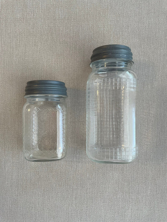 (REDUCED) Seller #12 | Vintage Square, Clear, Glass Mason Jars with Vintage Zinc Metal Lids with Porcelain Lining | Excellent Vintage Condition - No Chips