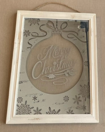 Seller #12 | 13 inches x 17 inches Framed Merry Christmas Decor | Clear Glass with Frosted Design | Chippy White Painted Frame
