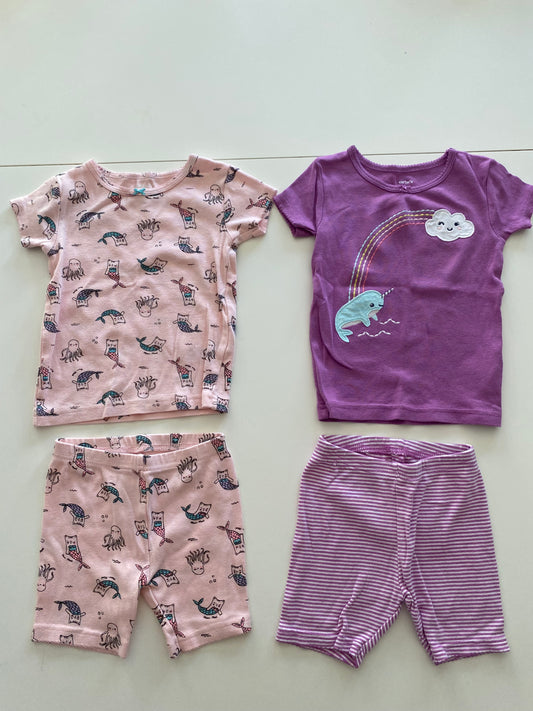 Carter’s pink mercat and purple rainbow narwhal short sleeved pajama bundle girls 2T