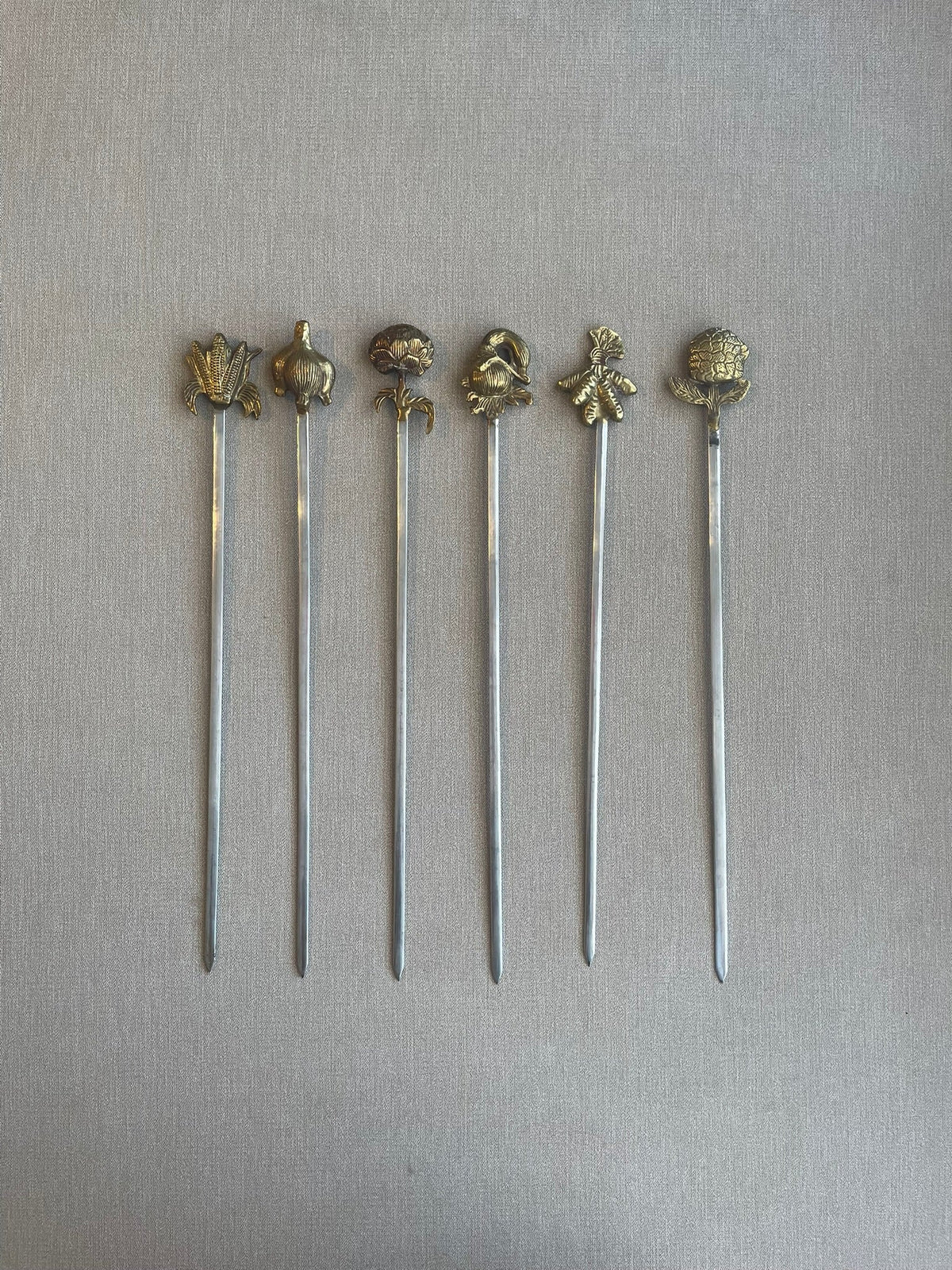 (REDUCED) Seller #12 | Vintage | Midcentury Modern Solid Brass and Stainless Steal Shish Kabab Skewers - Veggie Themed | Approx. 15 inches Long