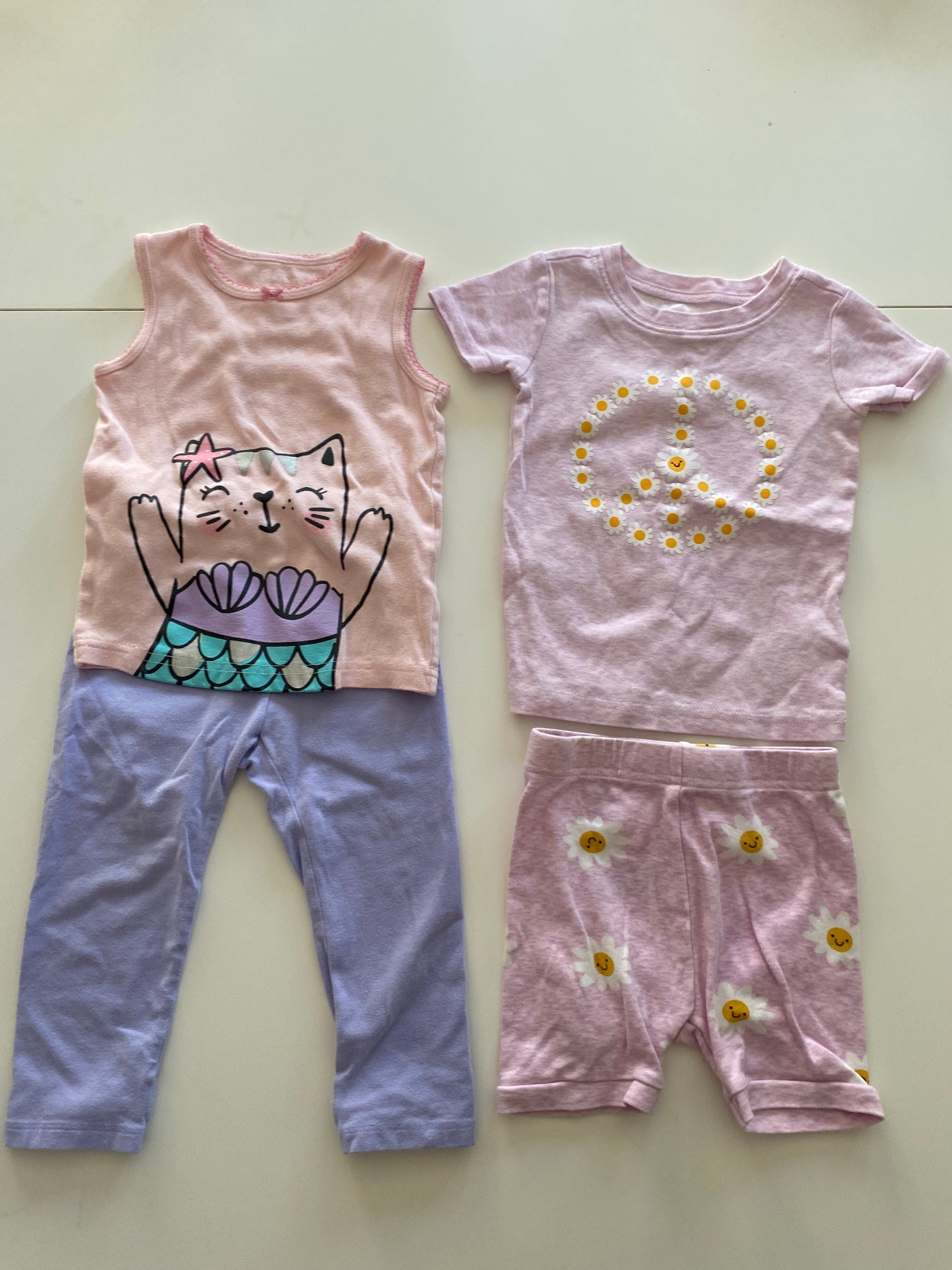 Carter’s Mercat tank top and purple pants and Old Navy flower power short sleeved pajama bundle Girls 2T