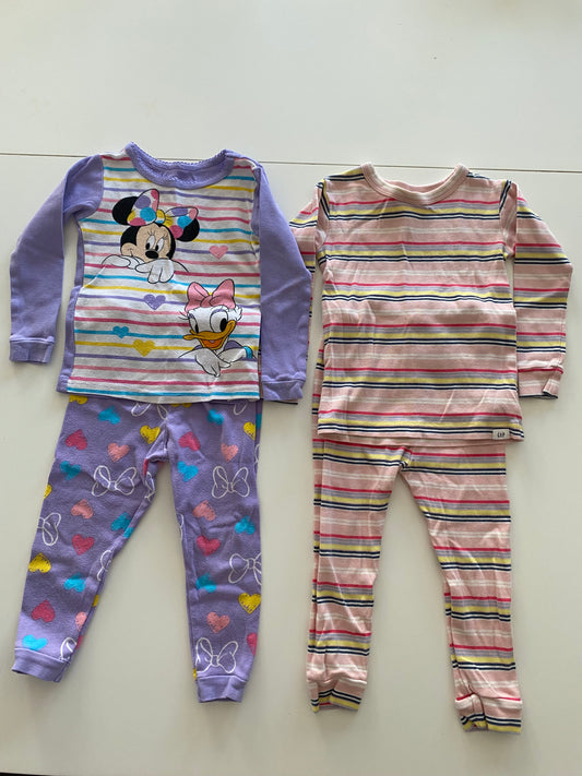 Disney Purple Minnie Mouse and Gap Organic Pink Stripe Pajama Bundle Girls 2T