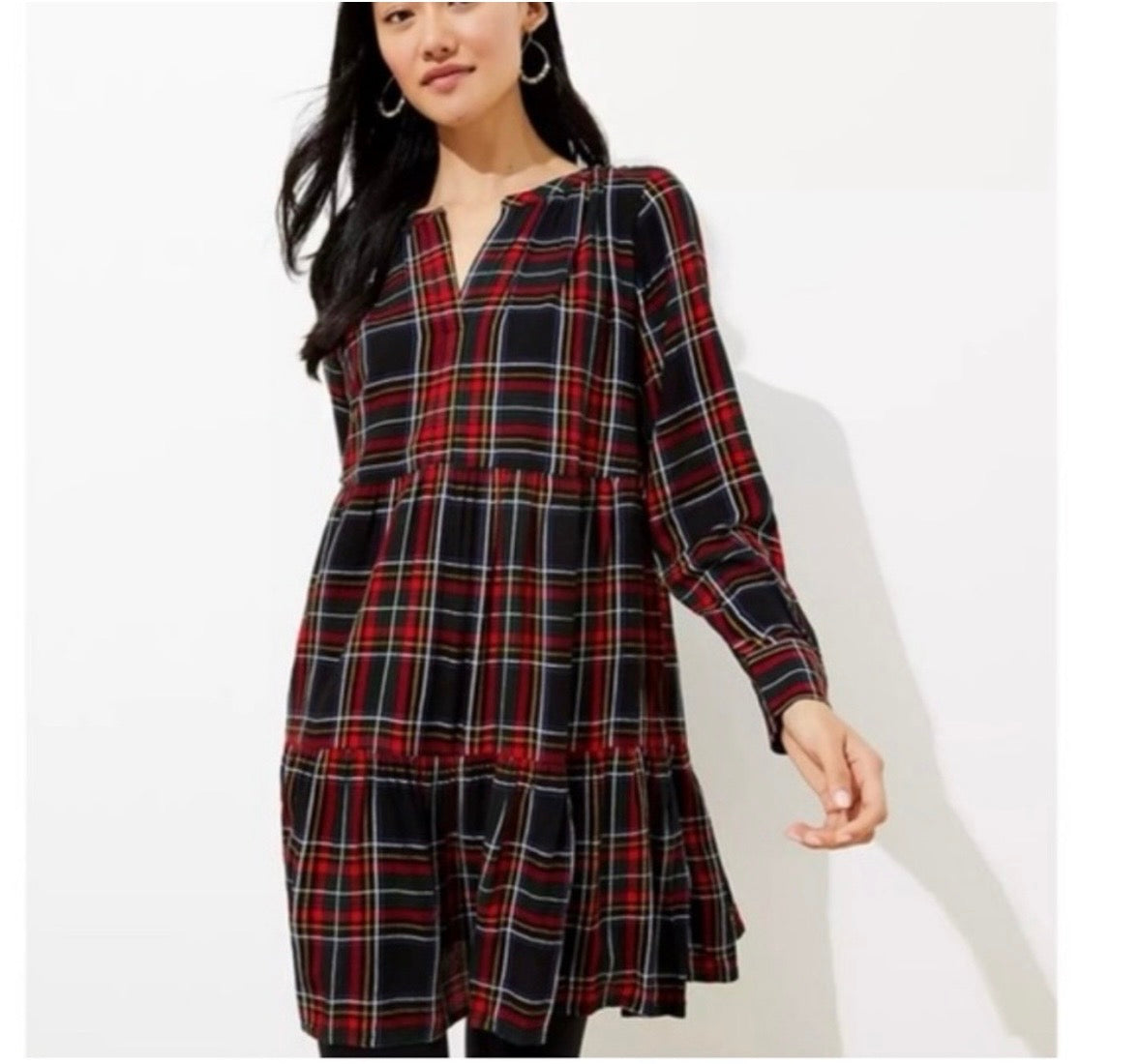 #130 Ann Taylor Loft Sz XS Tartan Long Sleeve Plaid Dress