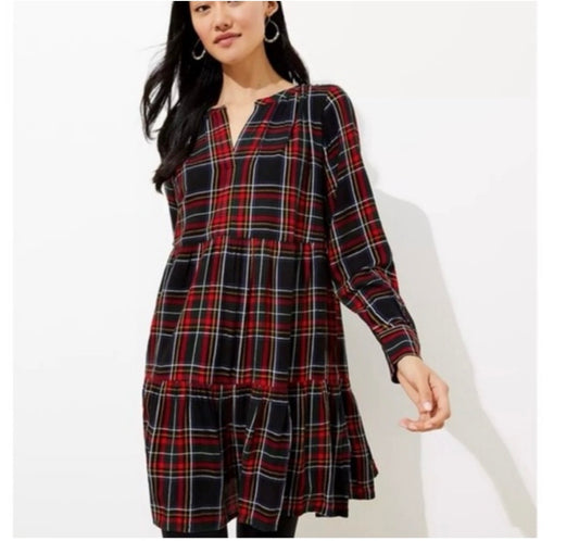 #130 Ann Taylor Loft Sz XS Tartan Long Sleeve Plaid Dress