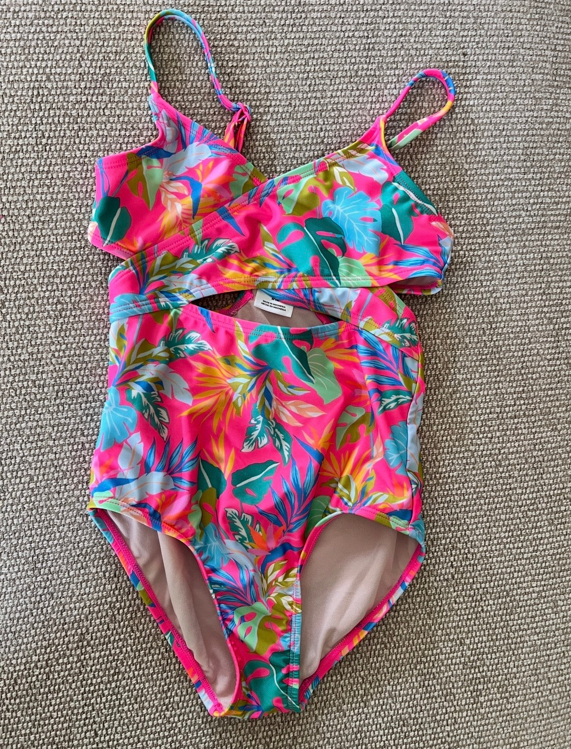 Art Class girls pink floral bathing suit with cutouts, size M