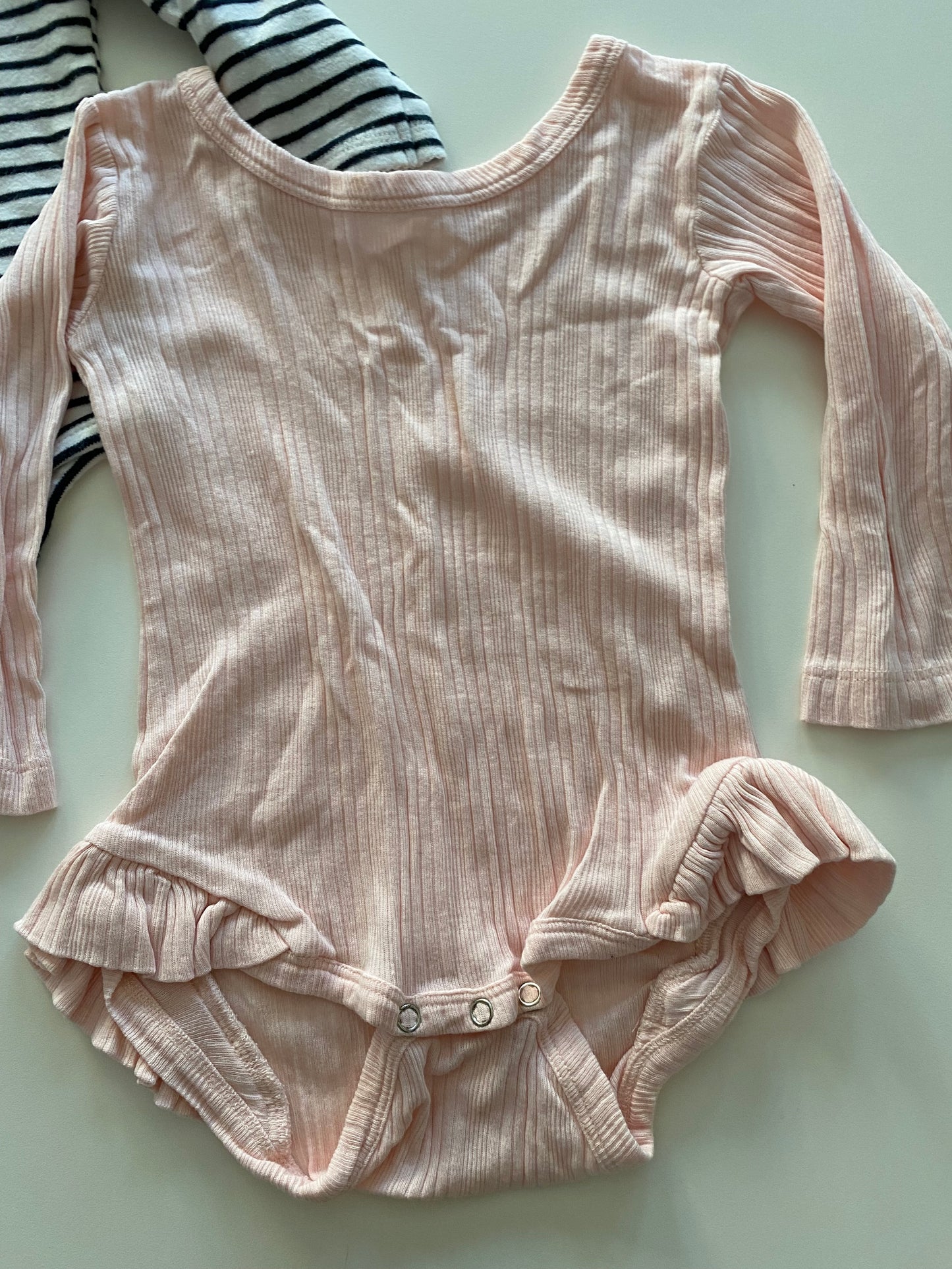 #84B- Kate Quinn light pink onesie with ruffles and Carter’s Super Sweet blue stripe onesie Girls Size 12-18M