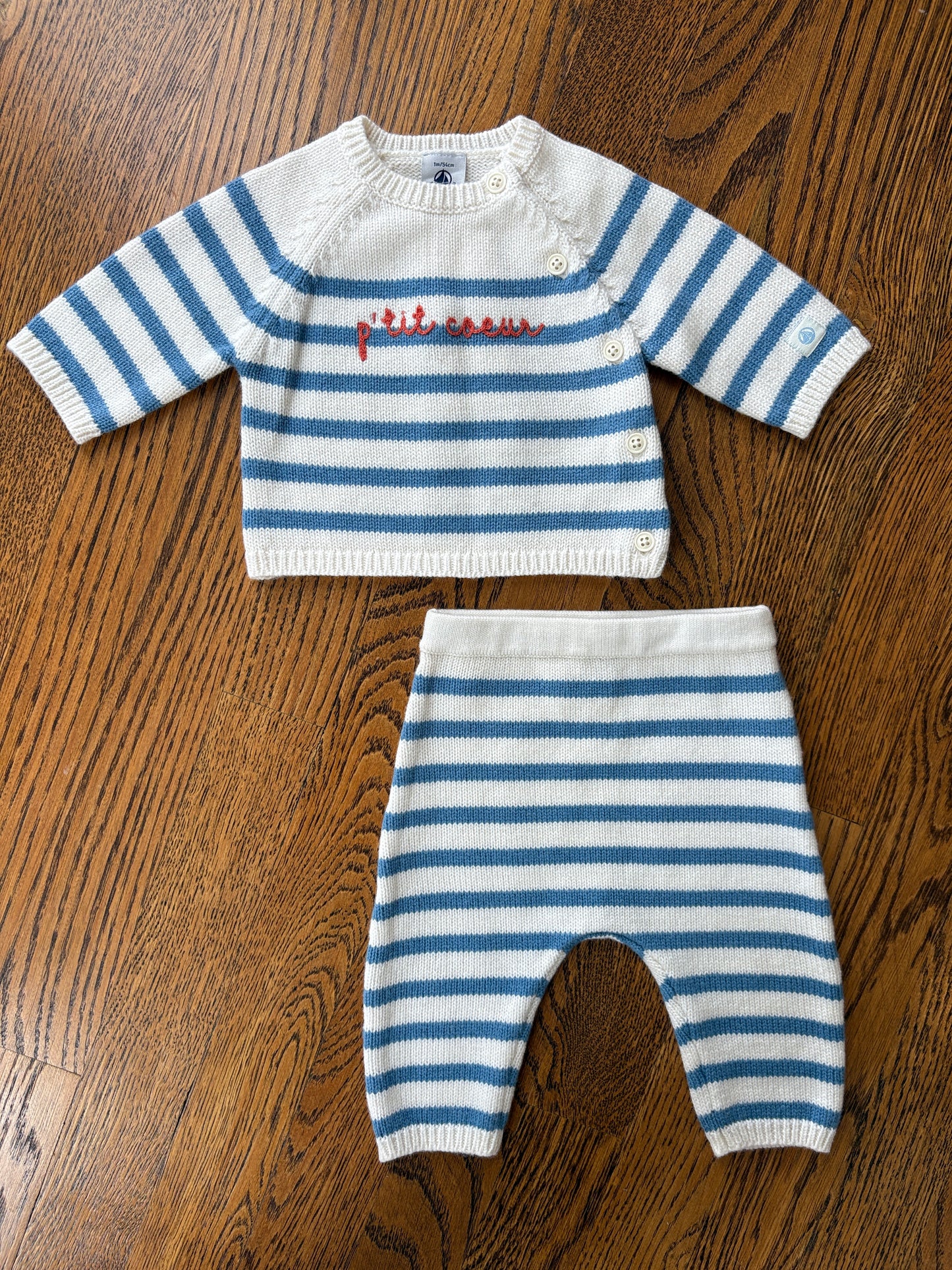 #33B • Boys • 0-3m • Petit Bateau • Blue/White Stripe Set