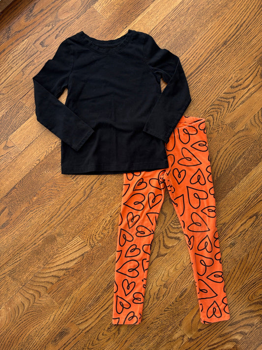 #103 • Girls • 5T • Cat & Jack • Orange Heart Leggings + Black Long Sleeve Shirt