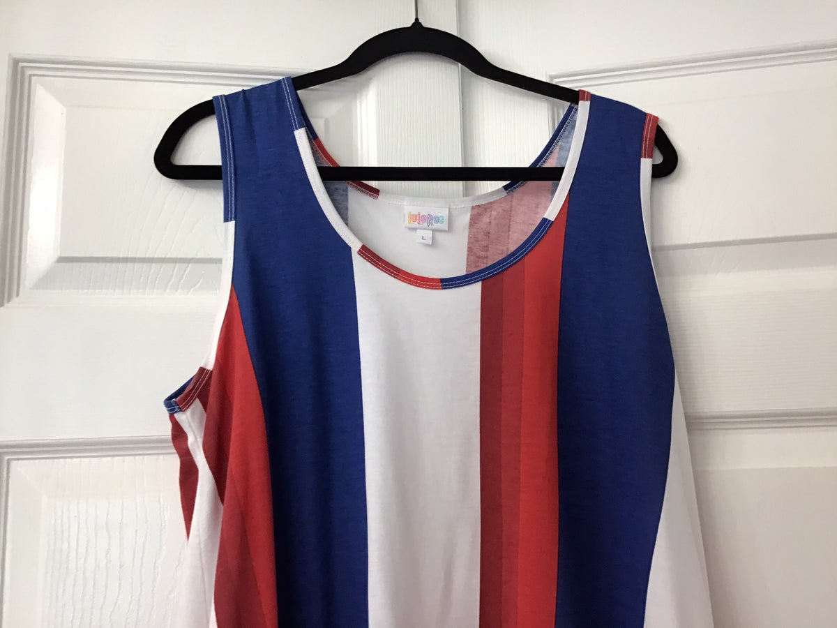 #90: LuLaRoe Women’s Red White & Blue Striped Sleeveless Tunic Top Size Large