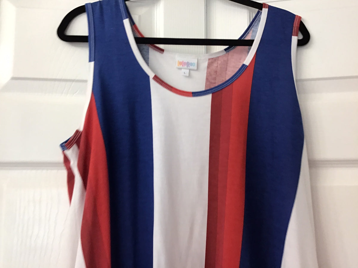 #90: LuLaRoe Women’s Red White & Blue Striped Sleeveless Tunic Top Size Large