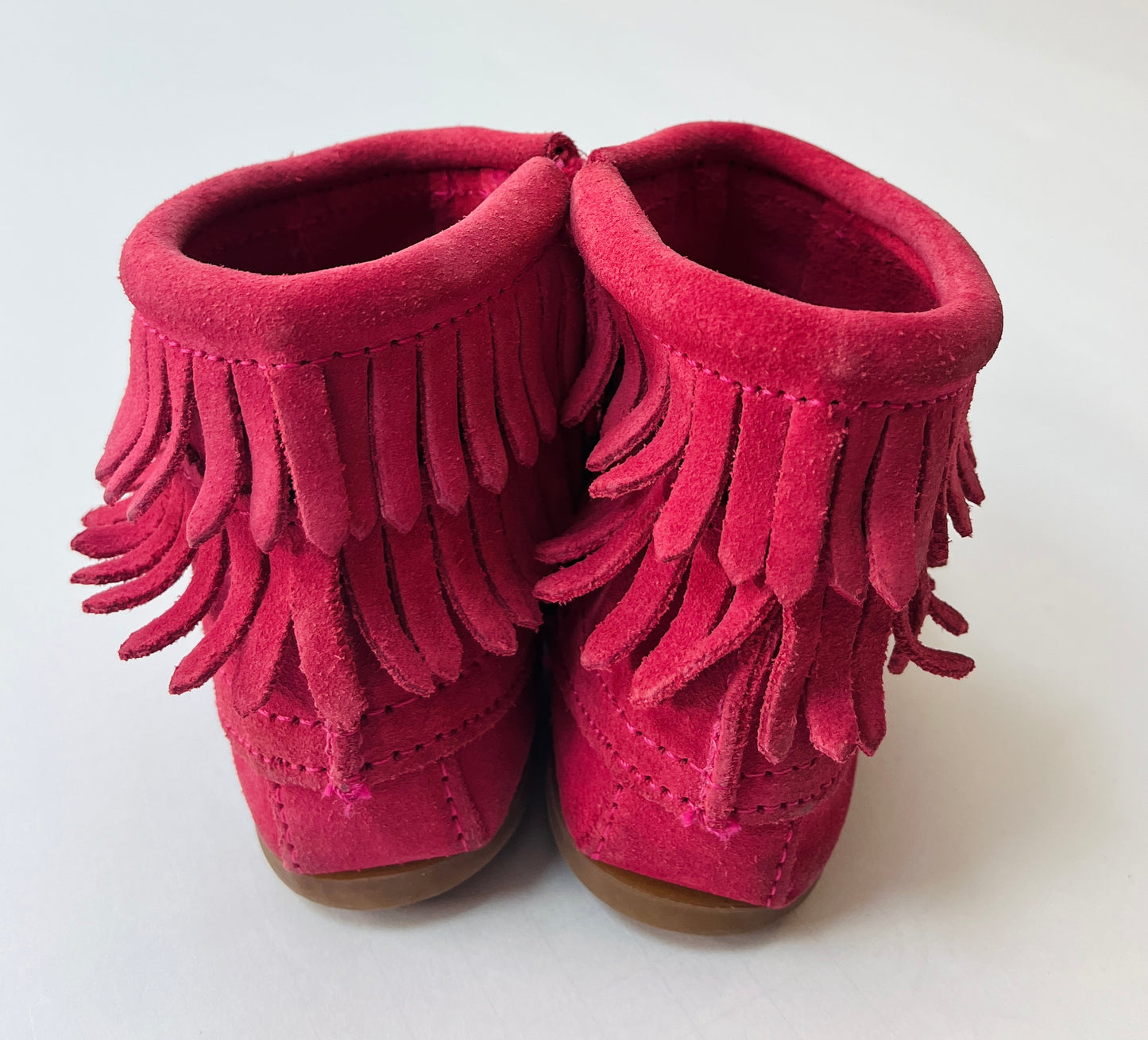 Toddler Girls Size 9 Minnetonka pink double fringe zipper booties VGUC