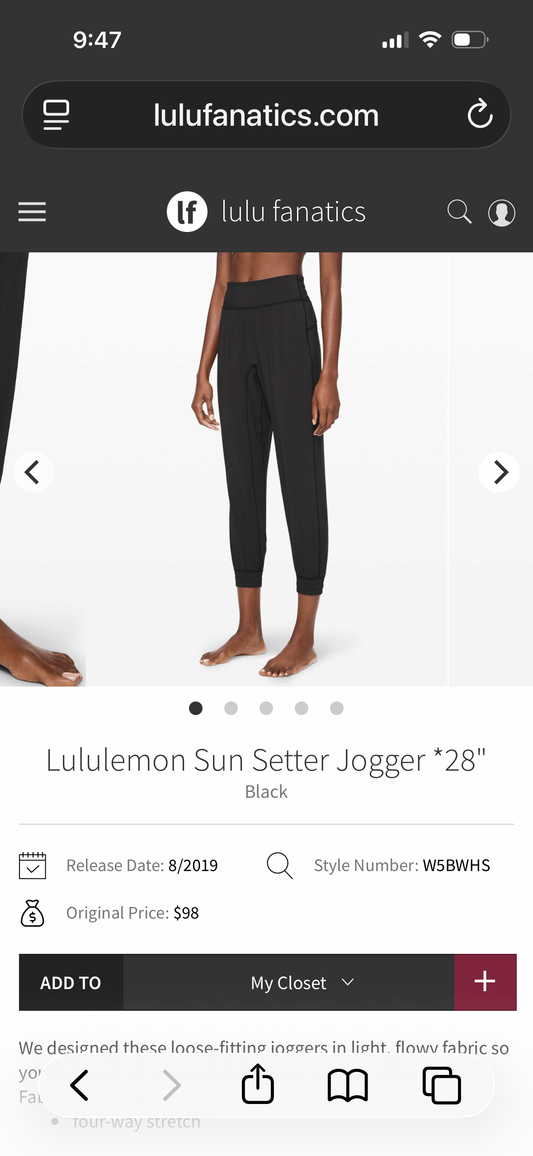 #130 Lululemon Sz 0 Sun Setter Joggers in Black