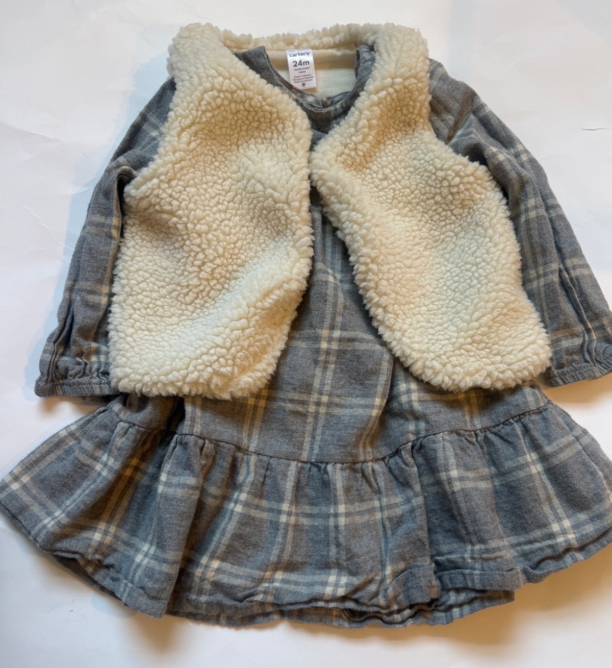 #170 Carters flannel grey and cream dress with cream Sherpa vest girls 24 months