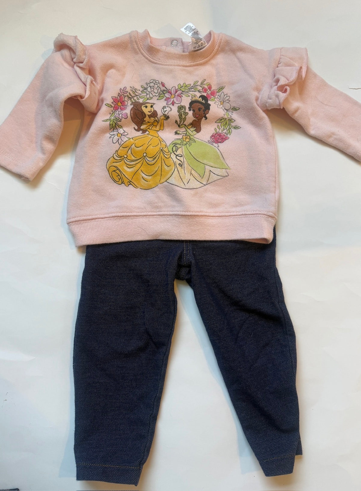 #170 Disney and Carters Belle and Tiana sweatshirt (Disney Baby) and carters jeggings girls size 12 months