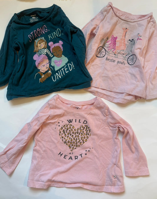 #170 Carter’s and Gap long sleeve shirt bundle Pink cheetah heart wild hearts (Gap), Teal Strong, Kind, United (Carters) and pink Bestie Goals animals on bicycle (Carters) Girls 18 months