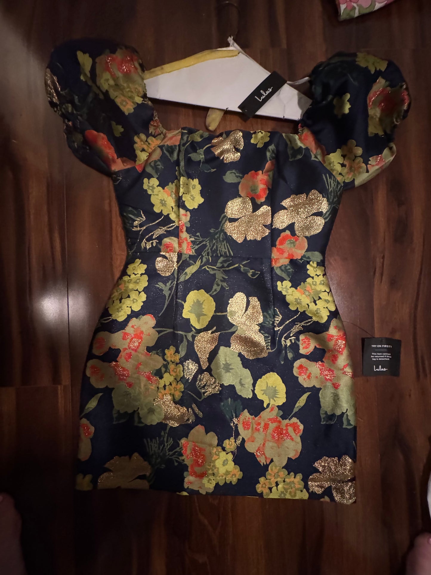 Seller #144 LULUS "So Stunning Navy Blue Floral Jacquard Puff Sleeve Mini Dress - Size SMALL - NWT