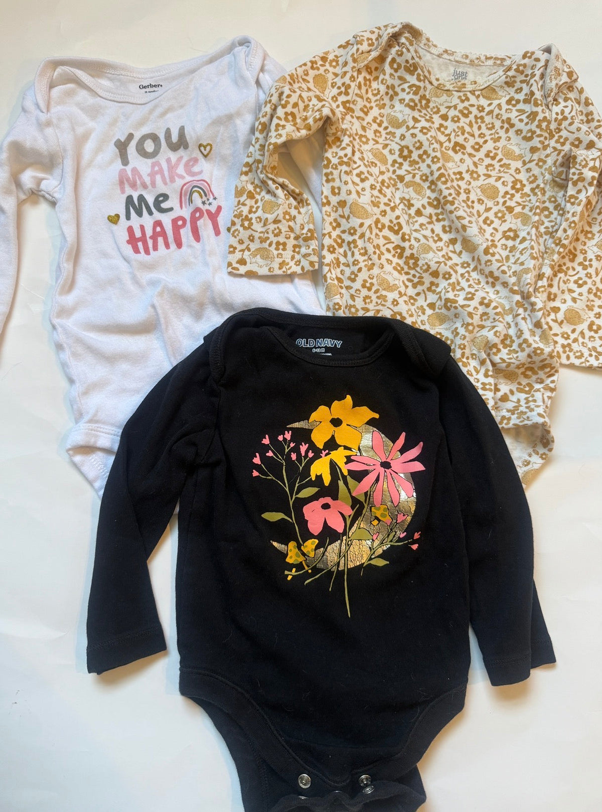 #170 Long sleeve body suit bundle “You Make Me Happy” rainbow (gerber), Gold hedgehog (carters) and moon and flowers (old navy) girls 12 months