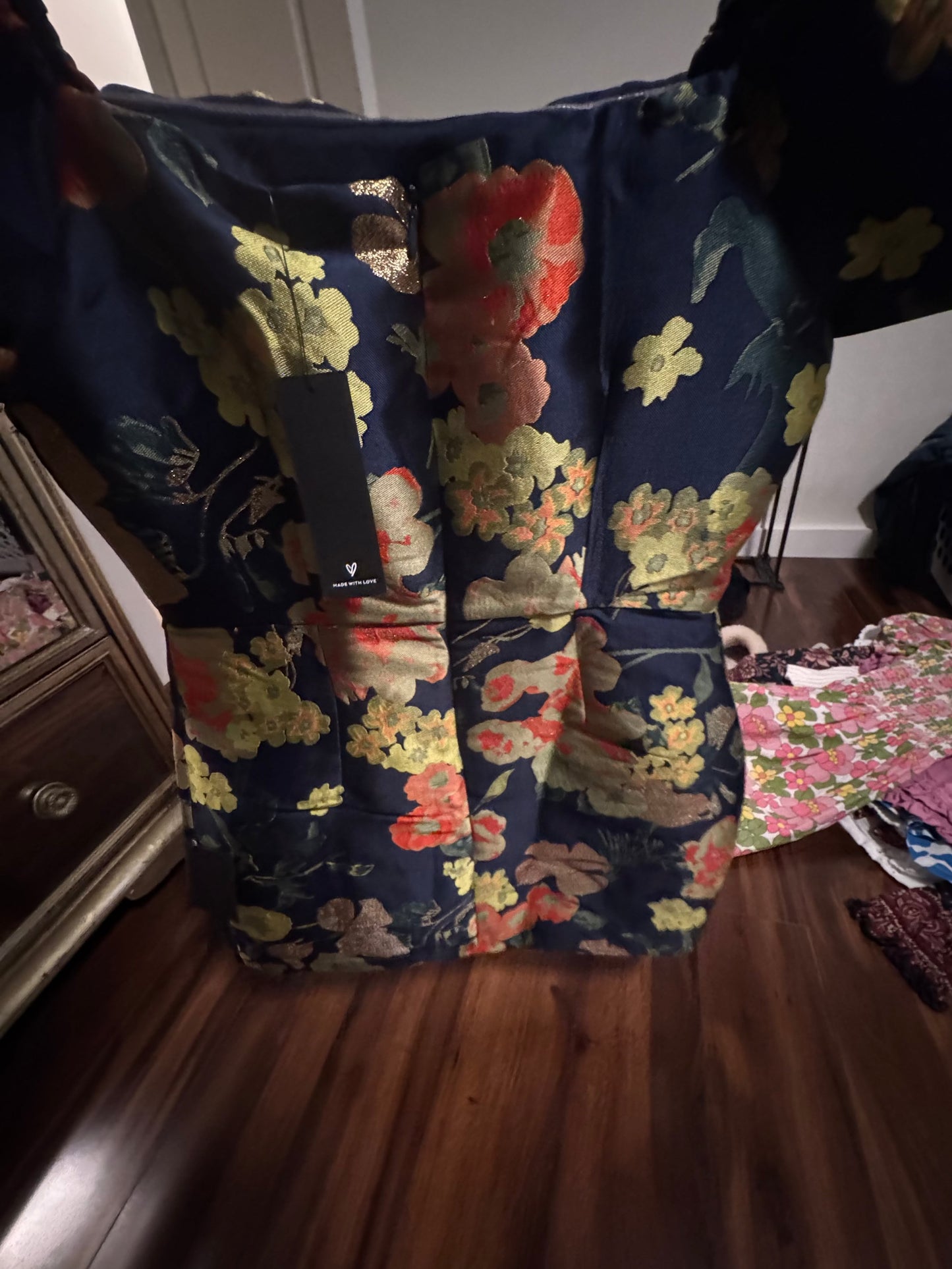 Seller #144 LULUS "So Stunning Navy Blue Floral Jacquard Puff Sleeve Mini Dress - Size SMALL - NWT