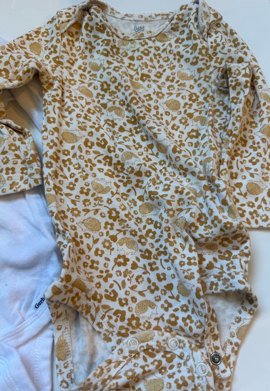 #170 Long sleeve body suit bundle “You Make Me Happy” rainbow (gerber), Gold hedgehog (carters) and moon and flowers (old navy) girls 12 months