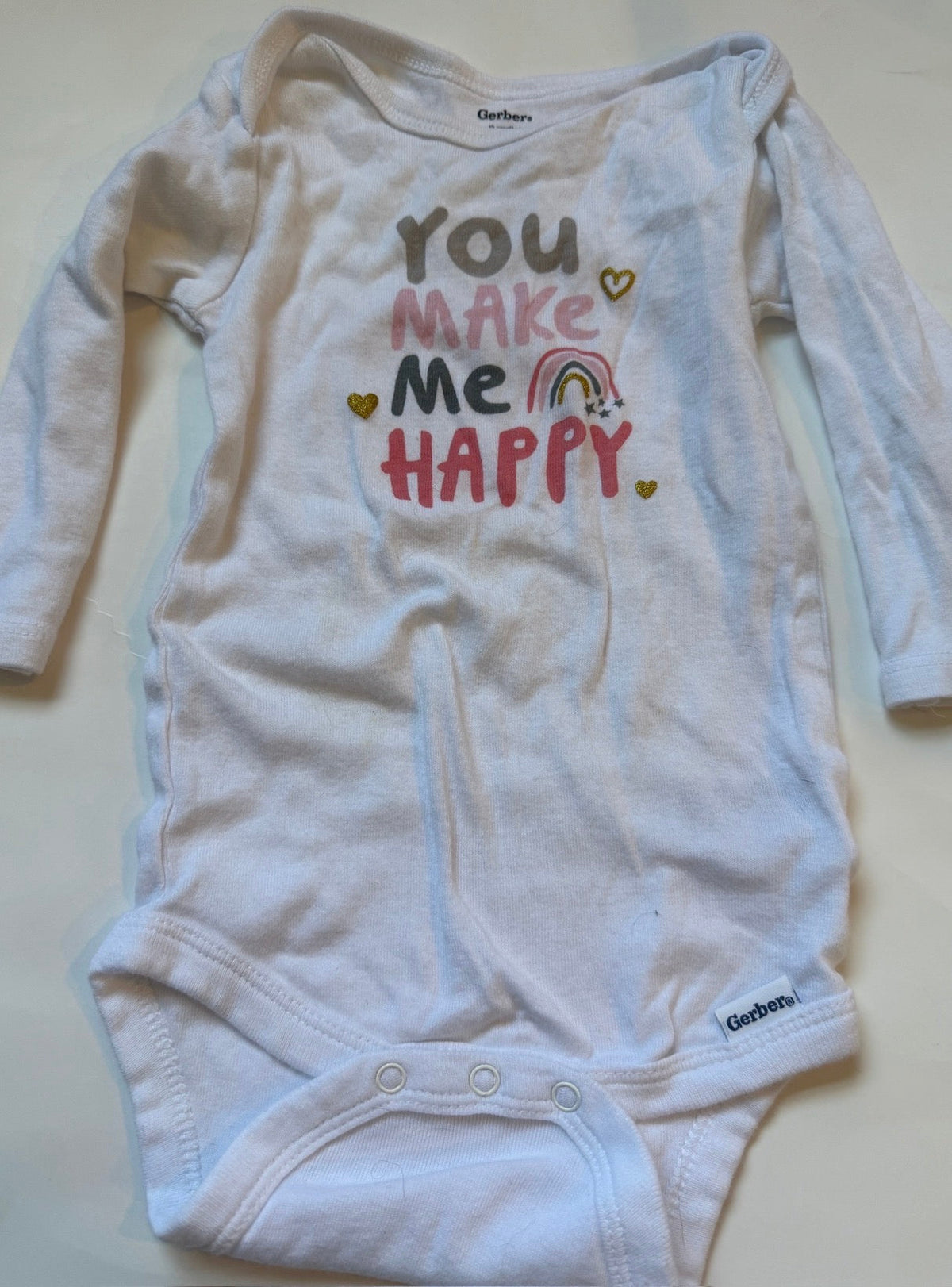 #170 Long sleeve body suit bundle “You Make Me Happy” rainbow (gerber), Gold hedgehog (carters) and moon and flowers (old navy) girls 12 months