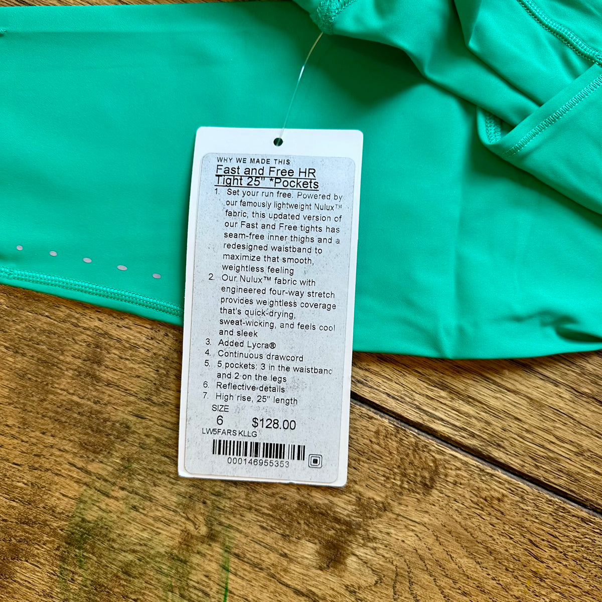 #113	NWT Womens Lululemon Fast and Free Tights 25", Green, size 6