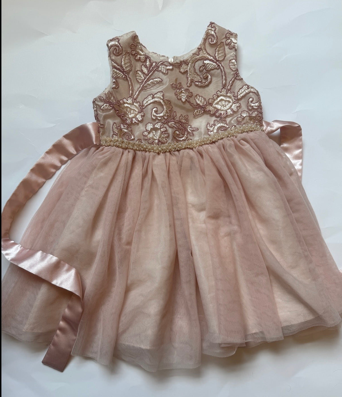 #170 Jayne Copeland lace and pearl dress with tulle skirt in blush girls 2t