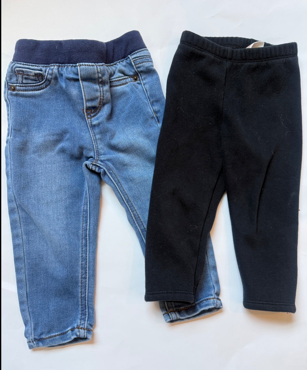 #170 Cat and Jack pants bundle (2 pair)—black cozy leggings (thicker leggings) and denim jeans girls 18 months