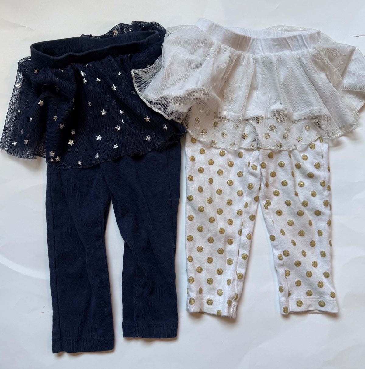 #170 Carter’s skirted legging bundle (2 pair)—navy with silver stars on skirt and white with gold sparkle polka dots girls 18 months