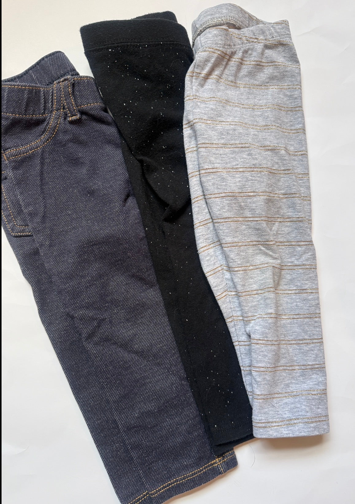 #170 Cat and Jack leggings bundle (3 pairs)—jeggings, sparkly black and purple grey with gold sparkle stripes girls 18 months