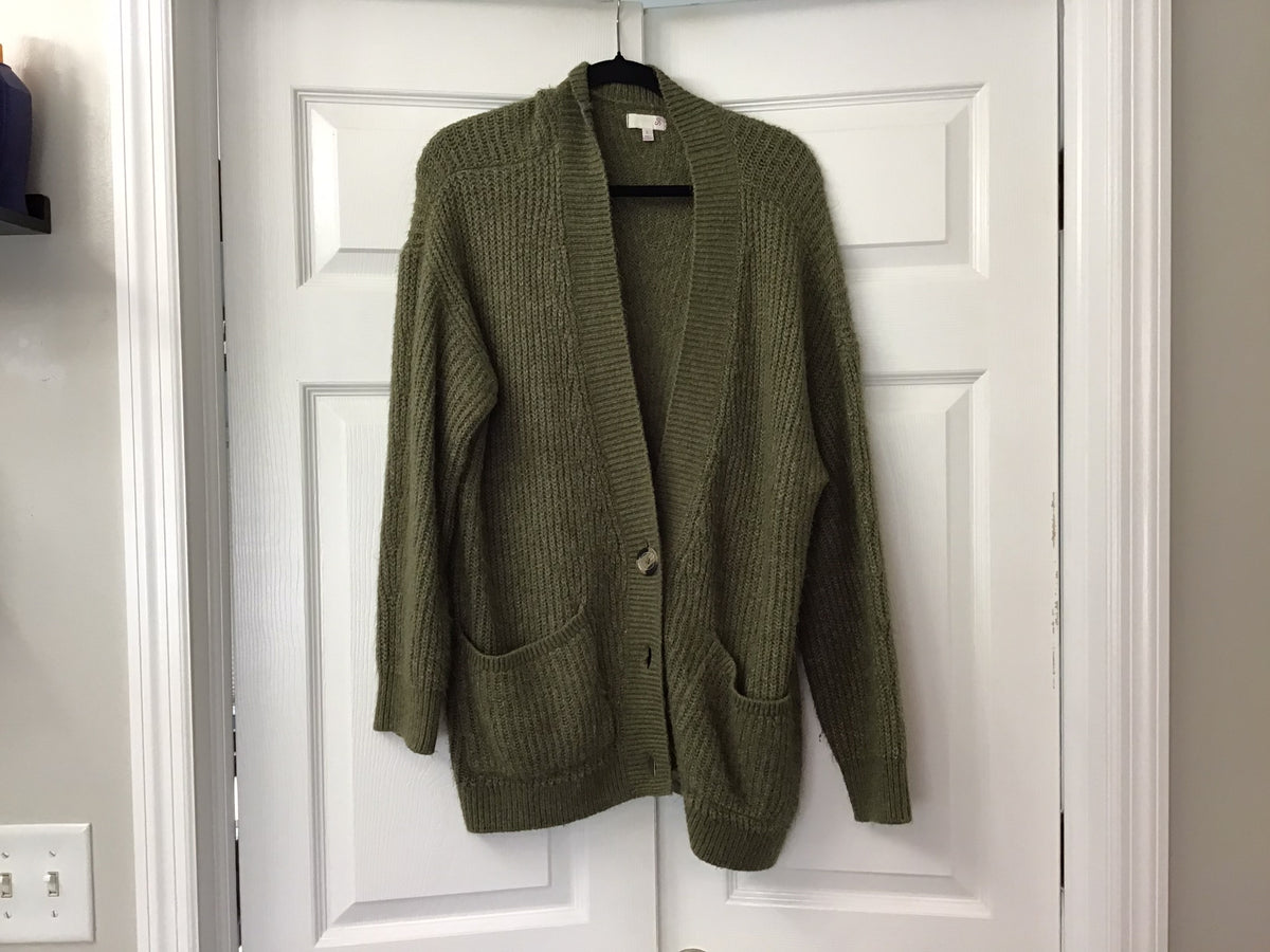 #90: Olive Green Chunky Knit Button-Front Cardigan Sweater