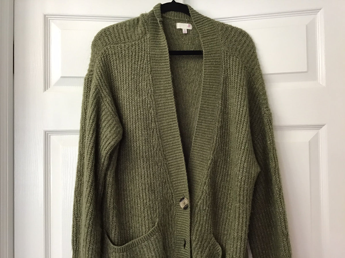 #90: Olive Green Chunky Knit Button-Front Cardigan Sweater