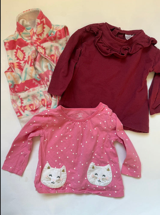 #170 Carters tops bundle (3)—pink with white polka dots and white little pockets, burgundy top with ruffle neck and fleece printed vest girls 18 months