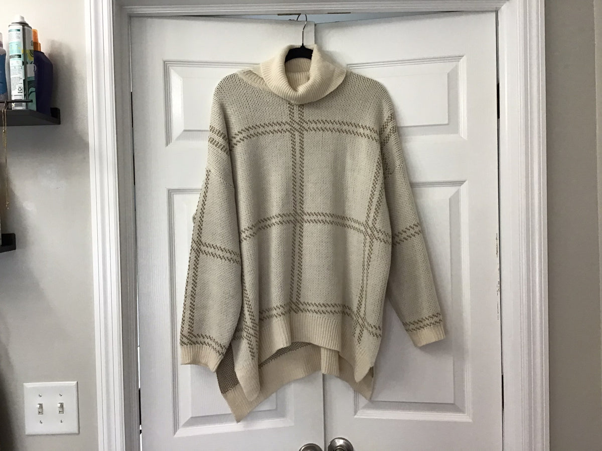 #90: Women’s Cream & Taupe Plaid Oversized Turtleneck Sweater