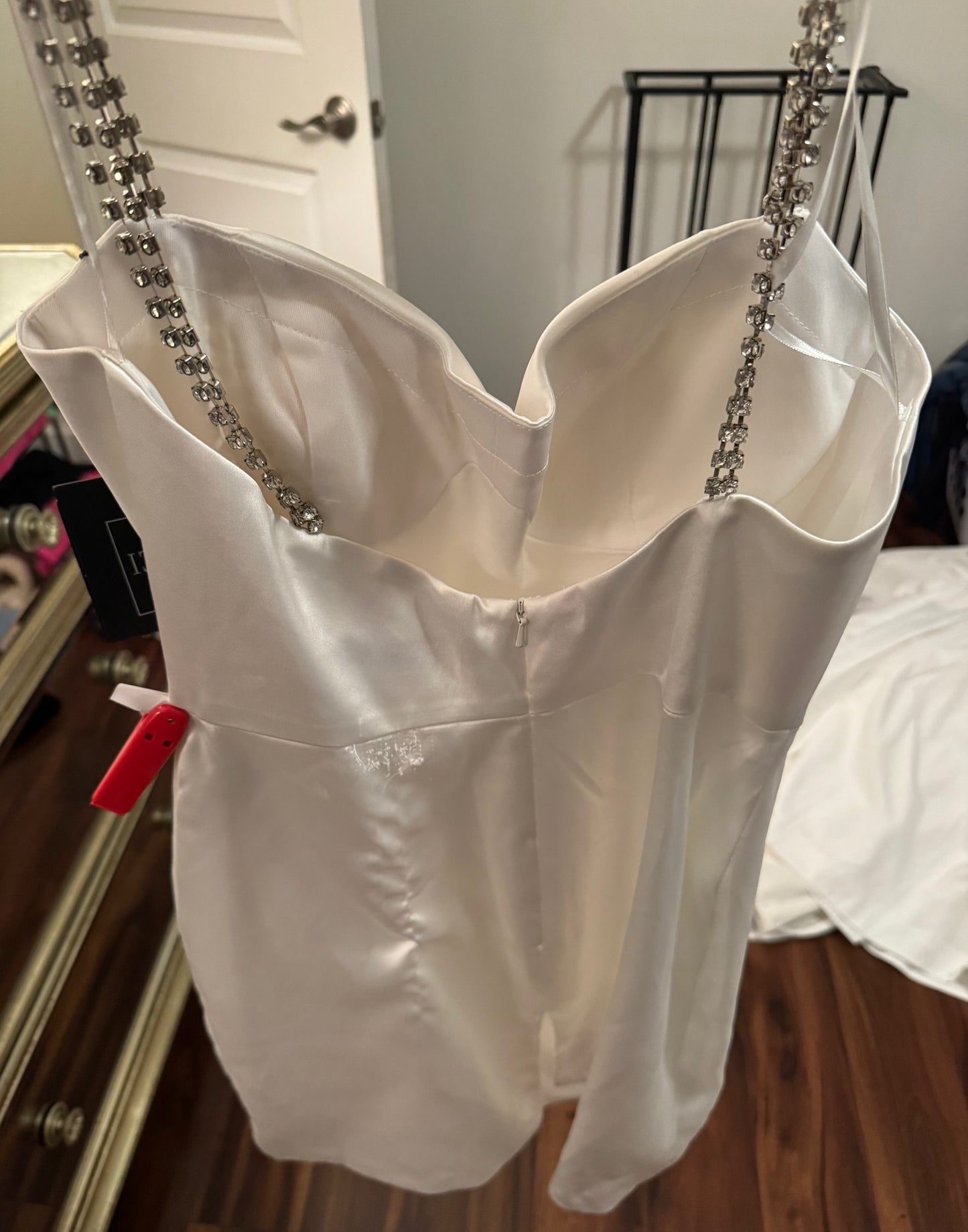 Seller #144 Mac Duggal Rhinestone Strap Silver/White Satin Mini Dress - Size 4 NWT