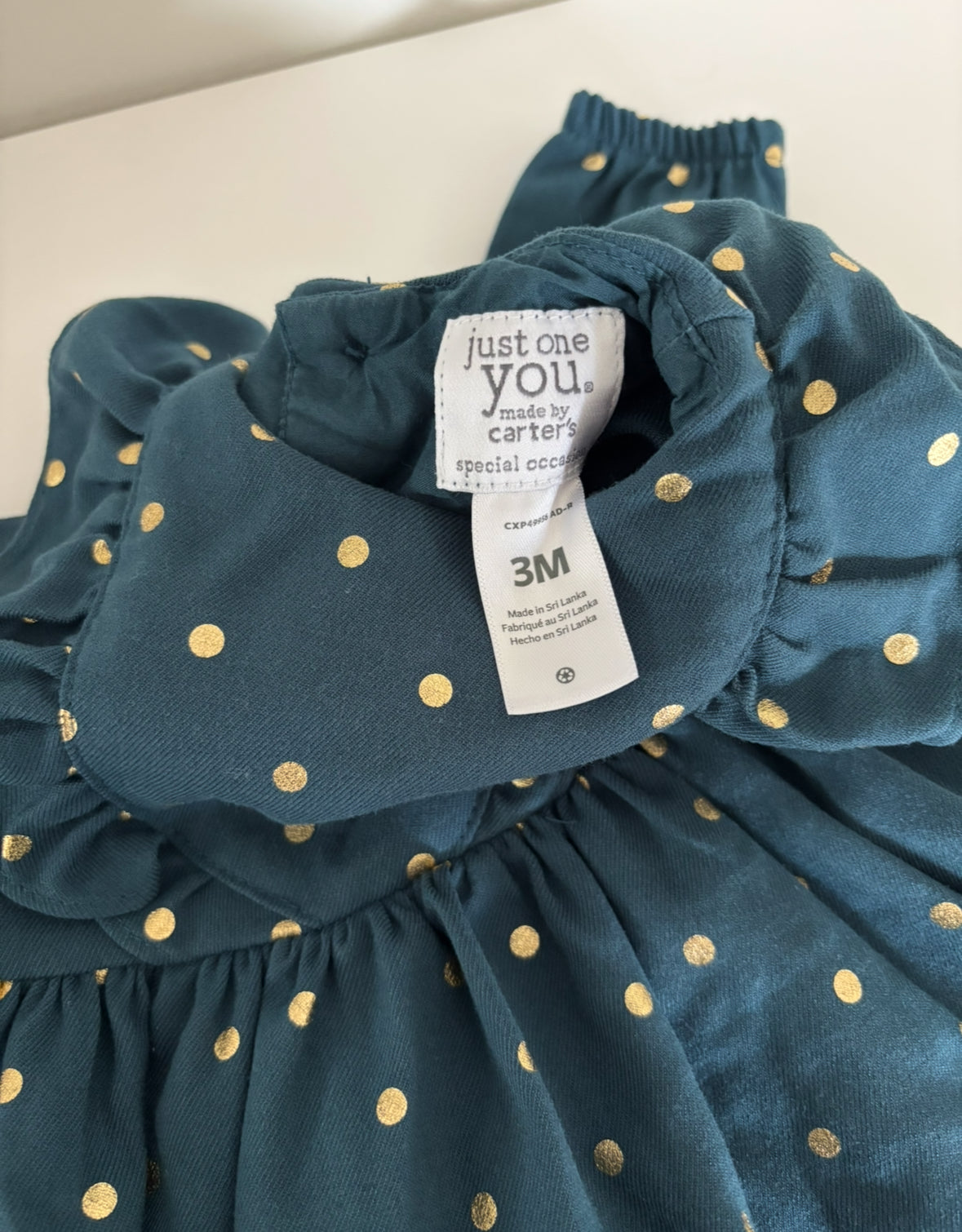 Seller #195 - Carter’s Carters Baby Girls Teal Blue Ruffle Gold Polka Dot Dress with Bloomers - Size 3 Months