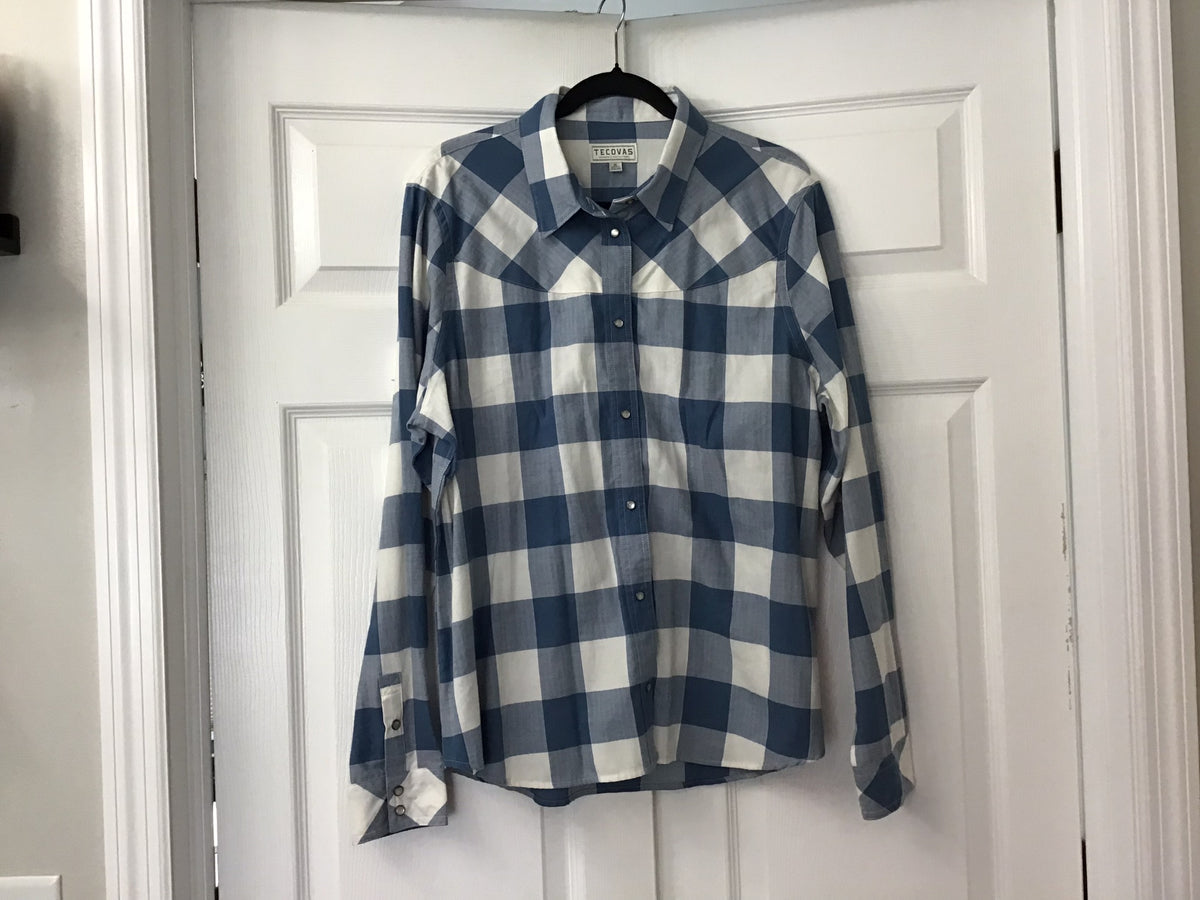 #90: Tecovas Blue & White Plaid Western Snap Shirt Size XL