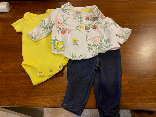 Girl's Carter's Floral Jacket, Yellow Onesie, Jeans-newborn